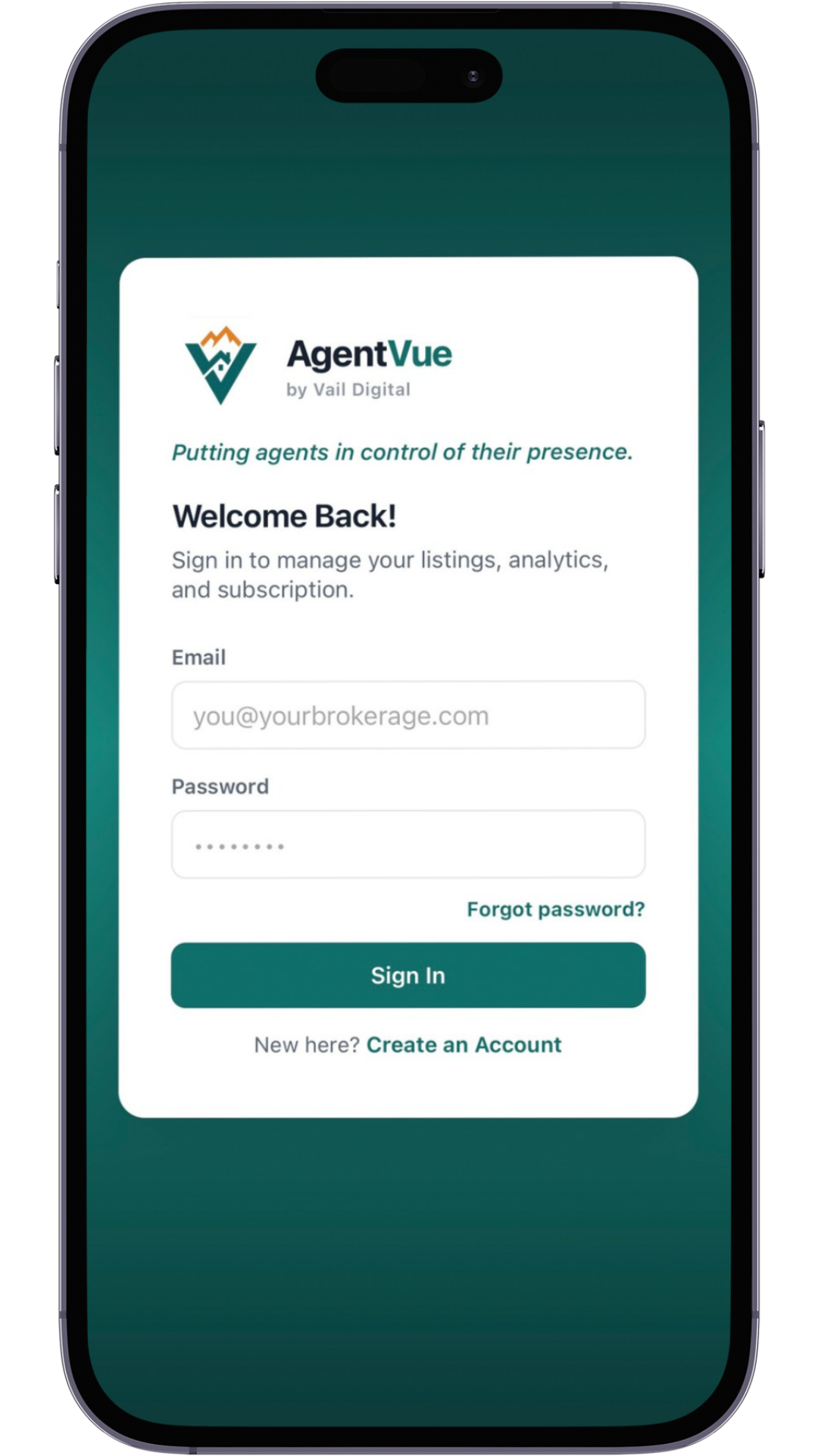 AgentVue sign-in on a phone